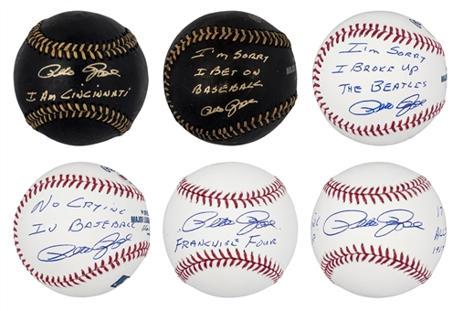 Lot of Six Unique Pete Rose Signed & Inscribed Baseballs (PSA)